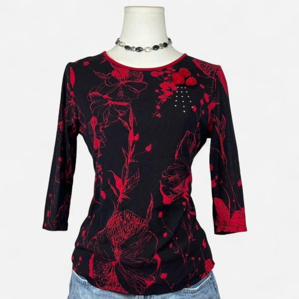 Vintage Red Black Floral Half Sleeve Top Embellished Whimsigoth Grunge Womens